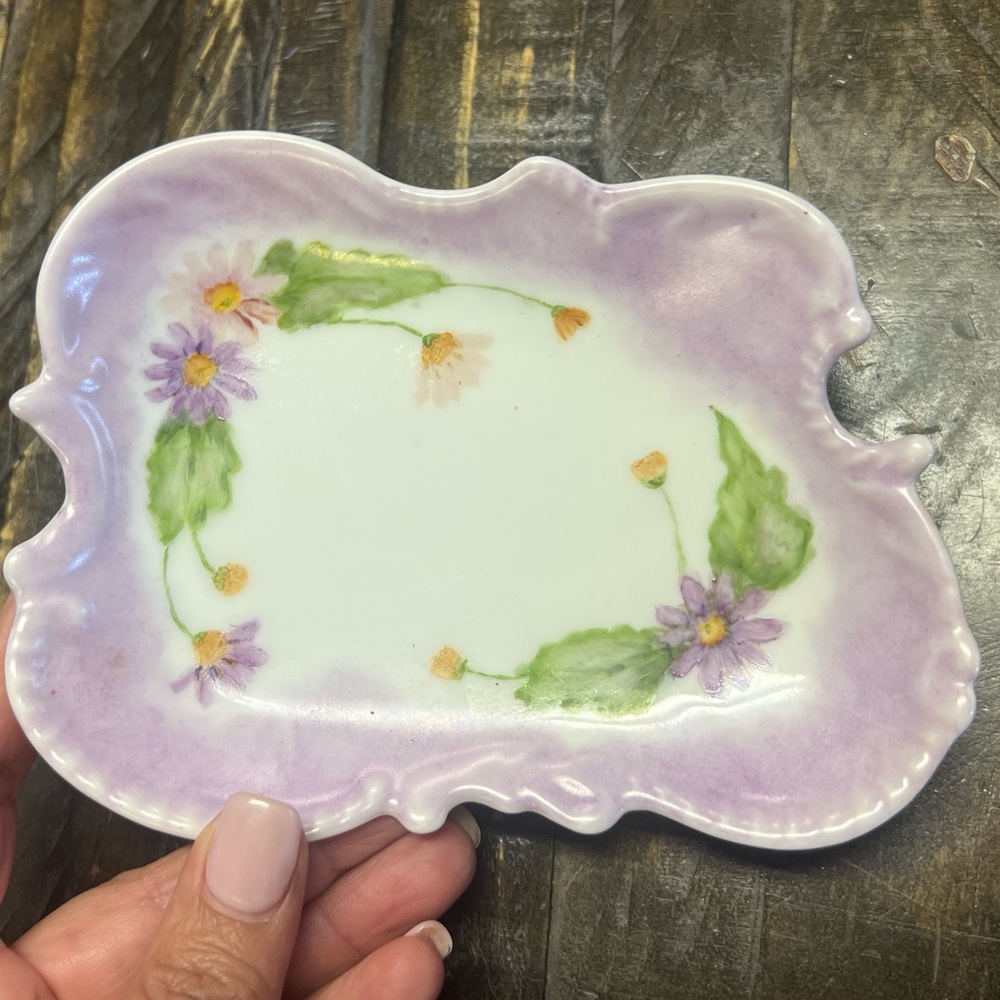 Antique or Vintage trinket Dish porcelain hand painted purple floral ,signed.